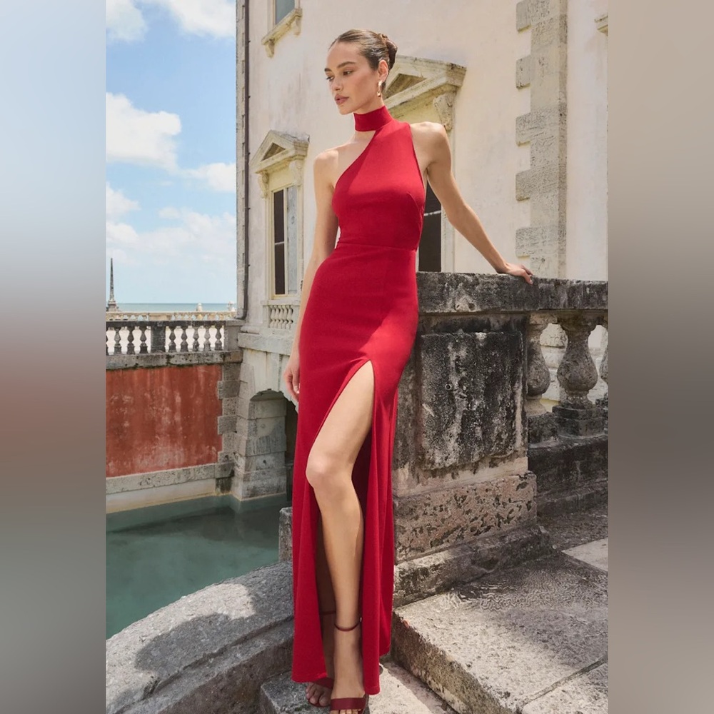 Lulus Keep It Interesting Red Asymmetrical Cutout Halter Maxi Dress